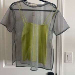 Anthropologie Gray Sheer Tee with Lime Green Cami